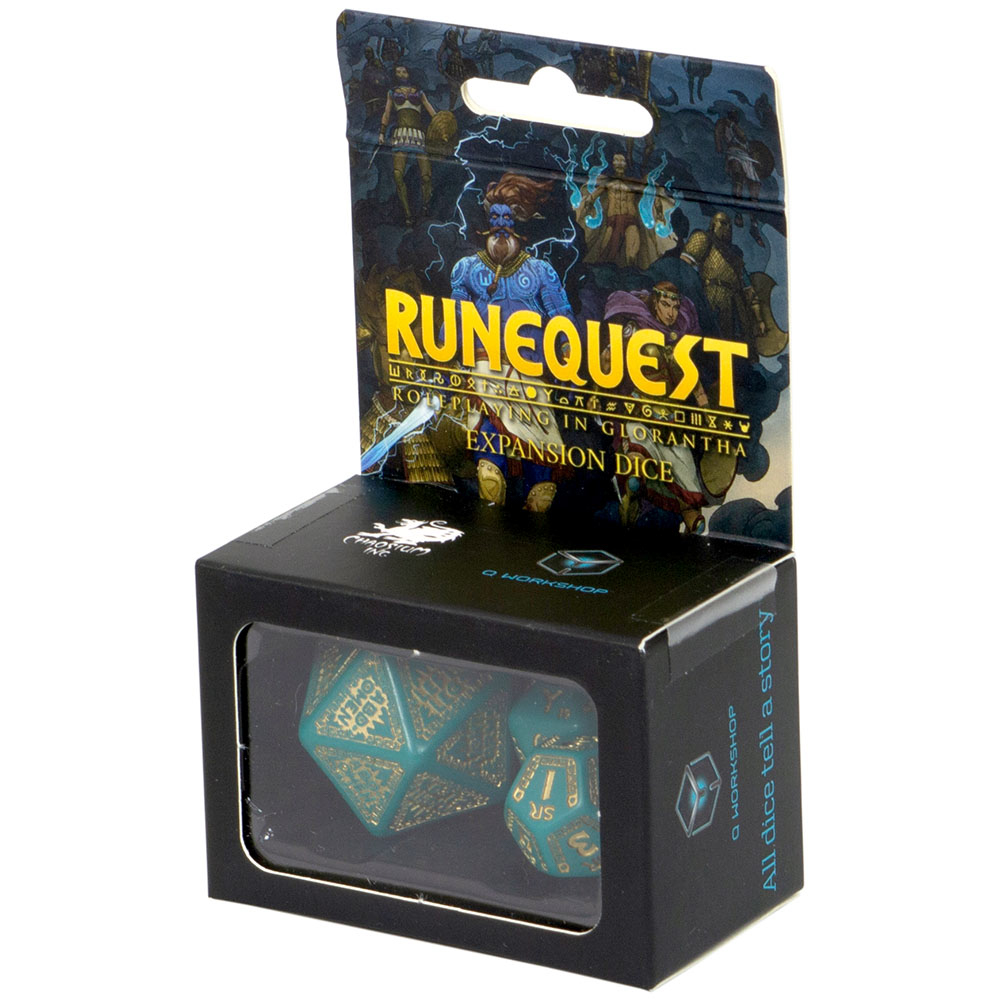 Q-Workshop RuneQuest-Würfelset In Türkis & Gold – 7-teiliges RPG-Würfelset Für Rollenspiele